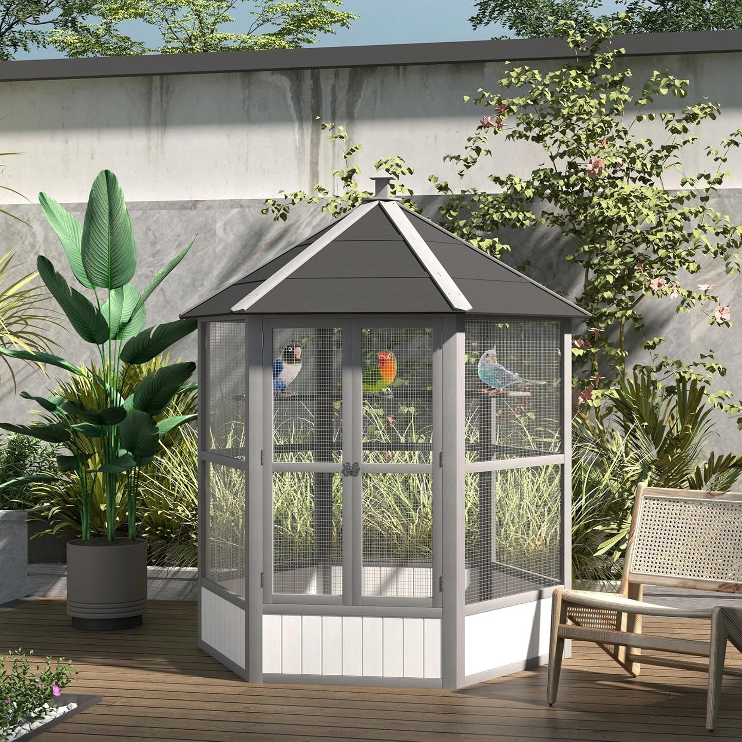 PawHut 69" Large Wooden Hexagonal Outdoor Aviary Flight Bird Cage with Covered Roof, Light Gray