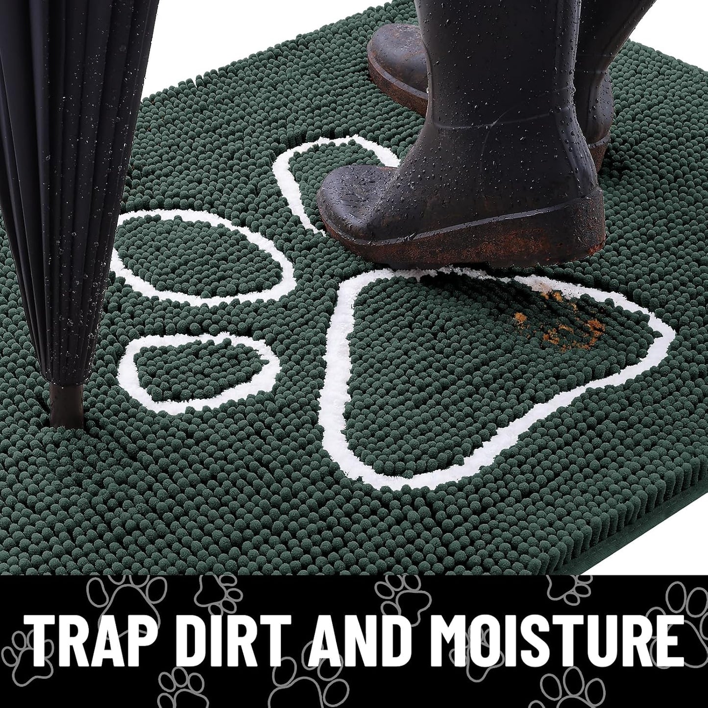 Smiry Dog Door Mat for Muddy Paws, Absorbent Dirt Trapper Non Slip Quick Dry Washable Chenille Mat for Mud Dogs, Entry Rug for Indoor and Outdoor (47x24 Inches, Green)
