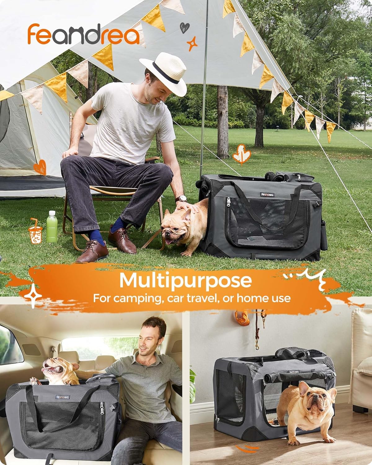 Feandrea 24 Inches Collapsible Soft Dog Crate, Portable Travel Dog Crate for Indoor and Outdoor Use, Dog Carrier Kennel with Safety Zippers, for Living Room, Car, Travelling, Camping, Gray UPDC60GY