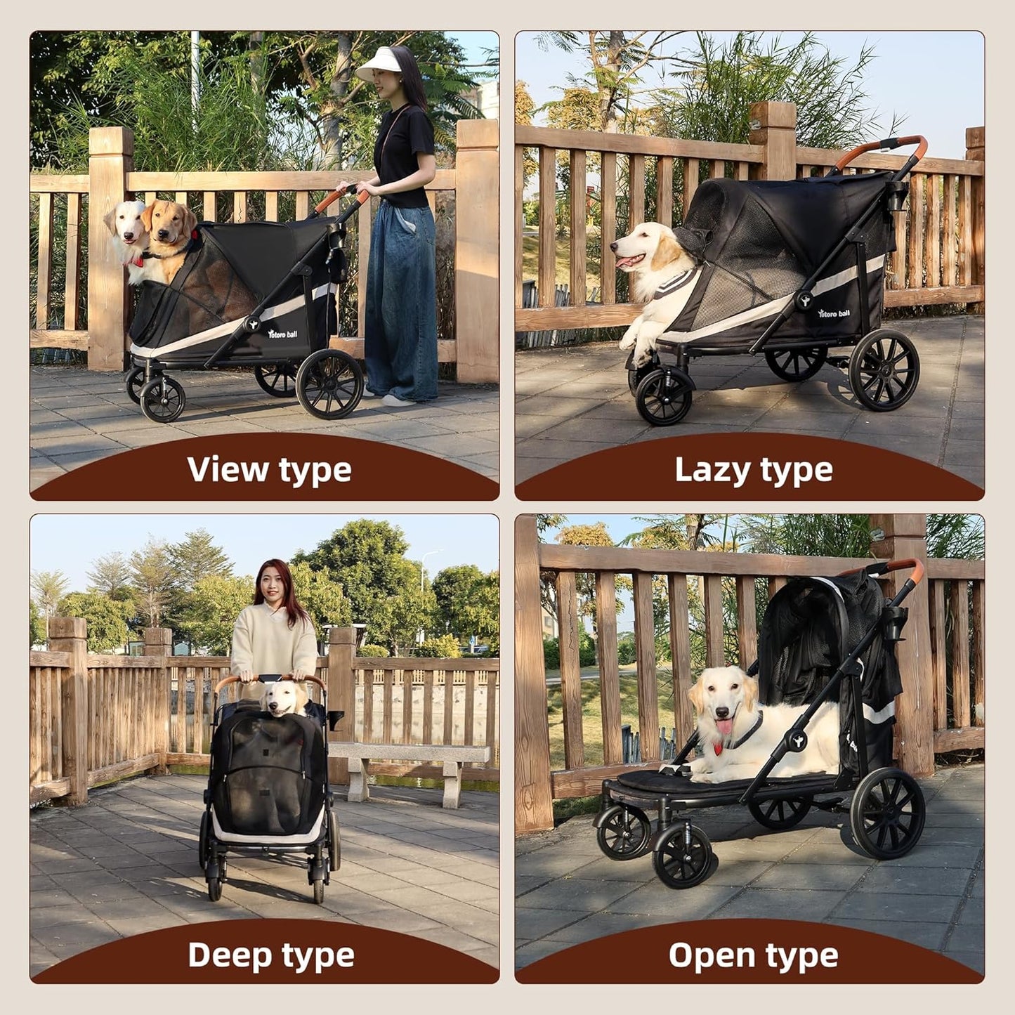Dog Stroller for Large Dogs One-Click Folding 4 Wheel Foldable Dog Stroller for 2 Dogs with Storage Pocket Suitable for Pets Up to 110LBS (Black, Large)