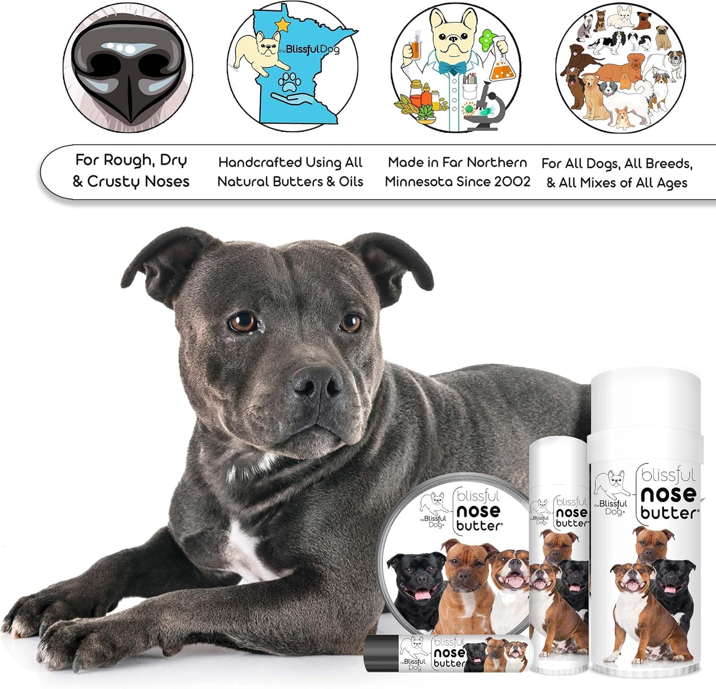 The Blissful Dog Staffordshire Pitbull Terrier Nose Butter, Versatile Dog Nose Balm for Dry Nose, Handcrafted Nose Moisturizer, Easy-to-Apply Dog Essentials, Unscented, 2 oz.
