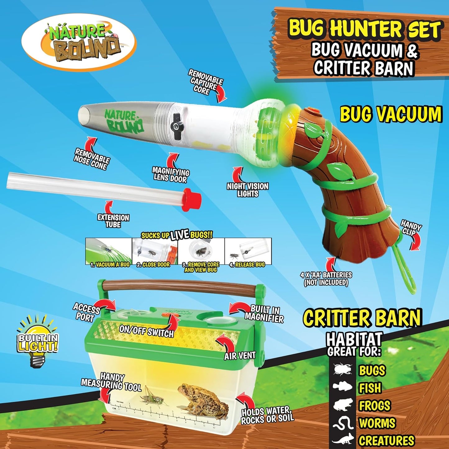 Nature Bound Bug Catcher Toy, Eco-Friendly Bug Vacuum, Catch and Release Indoor/Outdoor Play, Ages 3 to 12, Green, Complete Kit for Kids, Includes Capture Core with Magnification