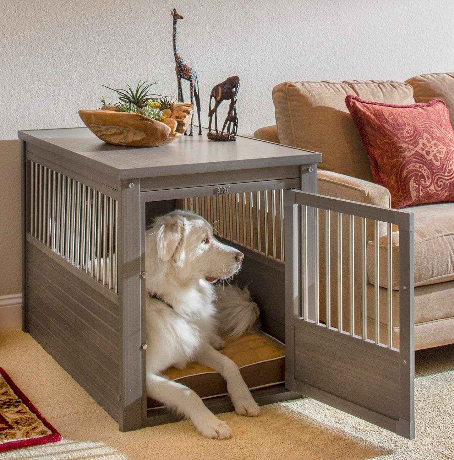 New Age Pet ECOFLEX Dog Crate End Table - Furniture-Style Pet Crate for Crate Trained Dogs - Stainless Steel Tubing & a Latched Closure - 10 Year Manufacturer's Warranty