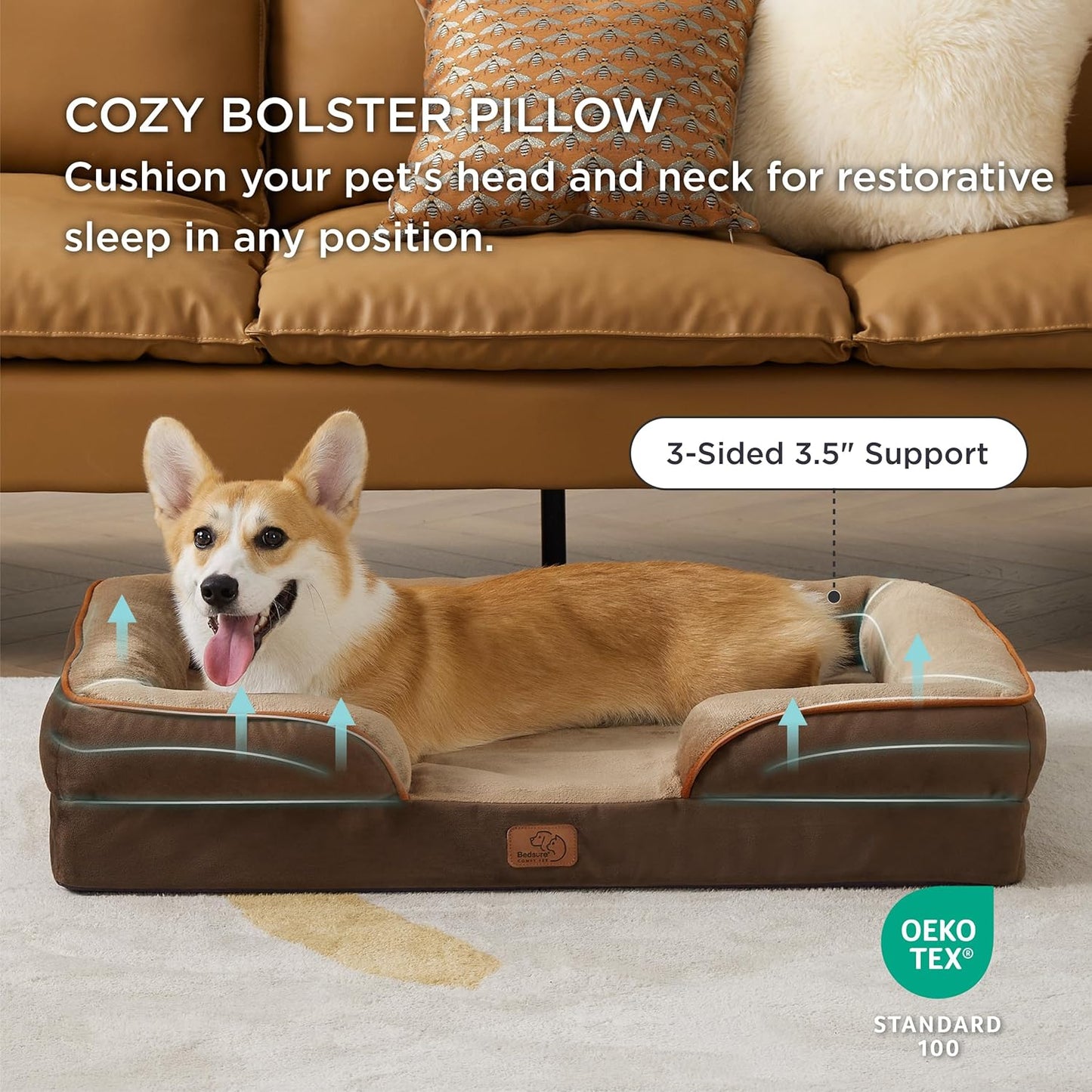 Bedsure Orthopedic Dog Beds Large Sized Dog - Washable Large Dog Cat Bed Waterproof, Comfort Dogs Couch Sofa with Washable Removable Cover, Pet Bed with Nonskid Bottom, Brown, 35"
