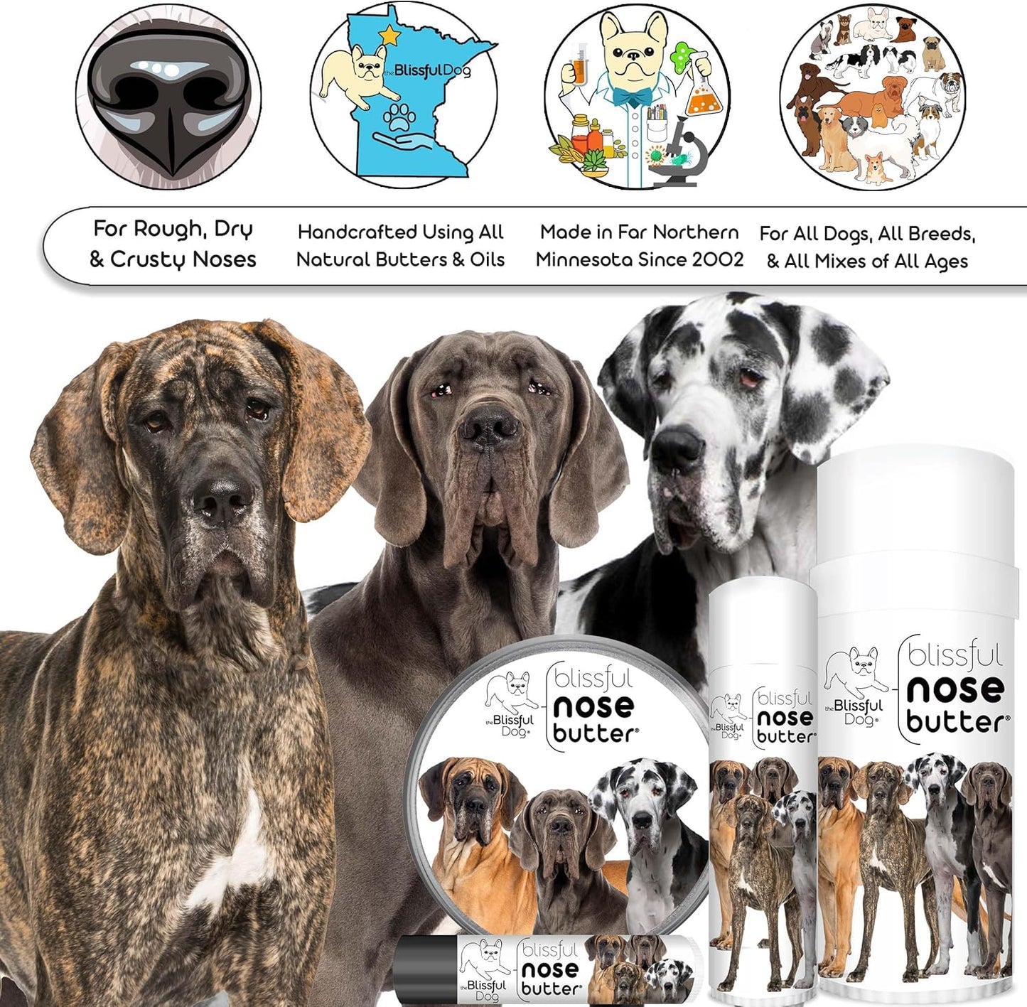 The Blissful Dog Great Dane Nose Butter for Dry, Cracked Skin, Lick-Safe Dog Nose Balm with Moisturizing Shea Butter, Almond, Olive, and Essential Oils, Pet Supplies, Uncented, 0.15 oz.