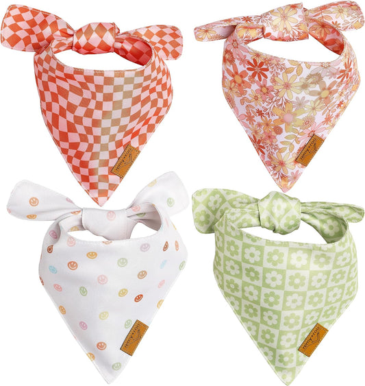 Remy+Roo Small Spring Dog Bandanas - 4 Pack Daisy Set | Premium Durable Adjustable Polyester Fabric | Patented Shape Girl Dog Bandana, Floral Dog Bandana